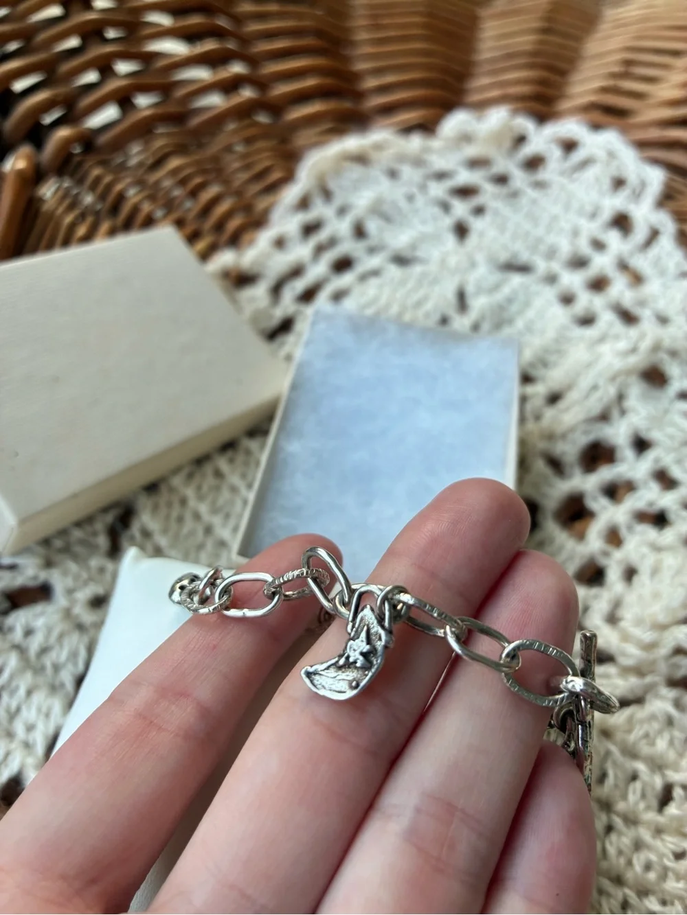 Handmade Artisan .925 solid sterling oval link toggle bracelet 7” 🌙♥️ charms